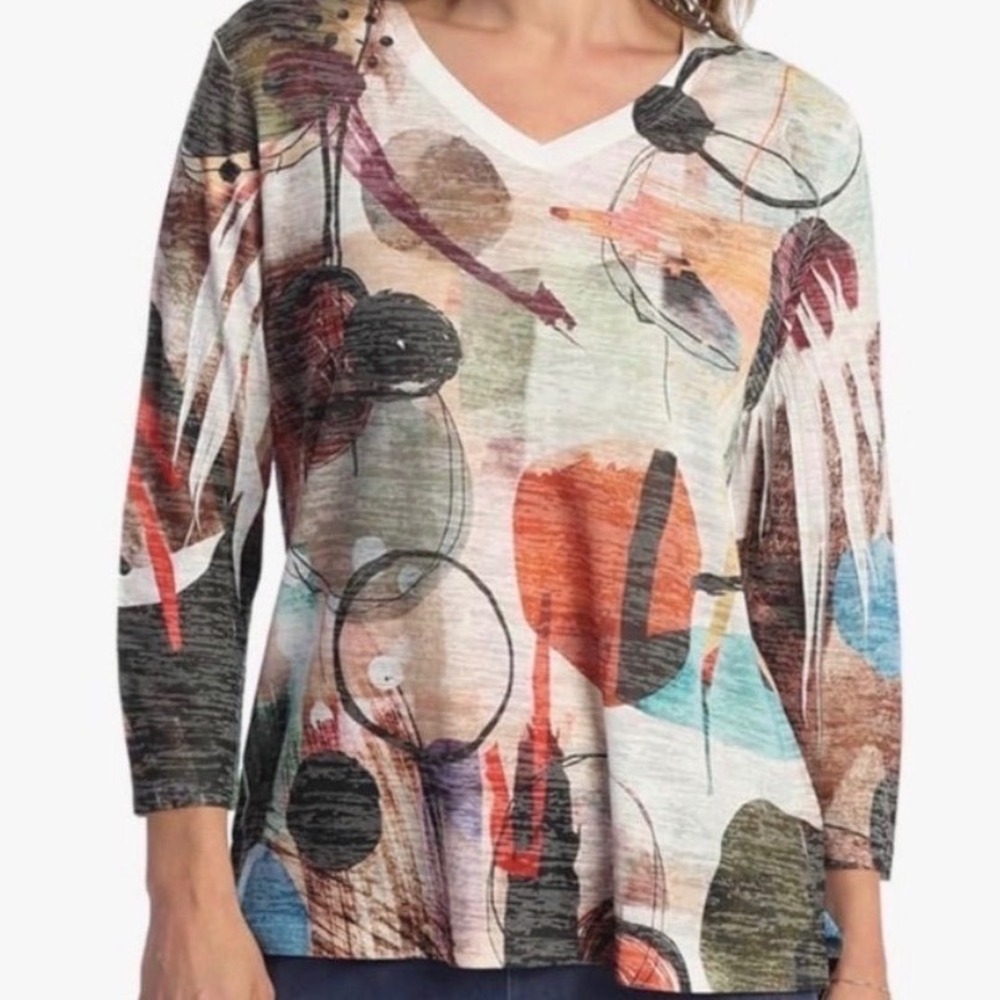 NEW Jess & Jane Toscana Abstract Print V-Neck Top XL Made in USA Brown Multi